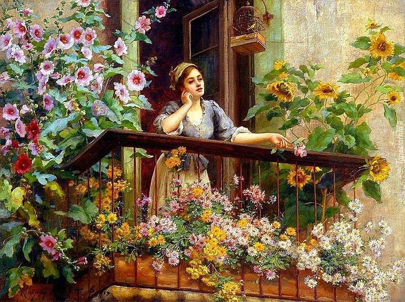 Балкон, жена, цветя онлайн пъзел