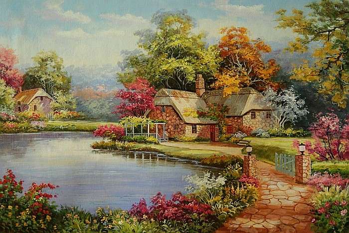 Cottages by the pond among tre jigsaw puzzle online