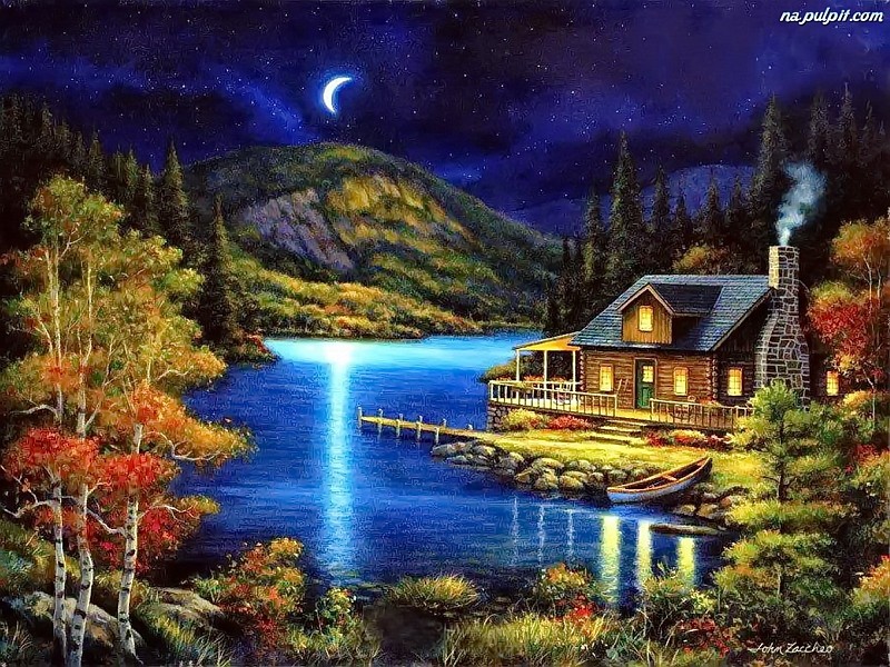 Noapte, lac, cabana, copaci puzzle online