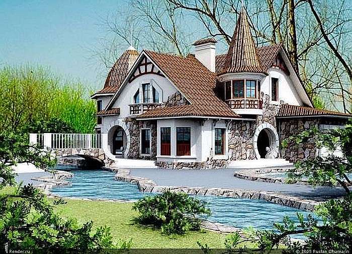 Villa i trädgården vid bäcken Pussel online