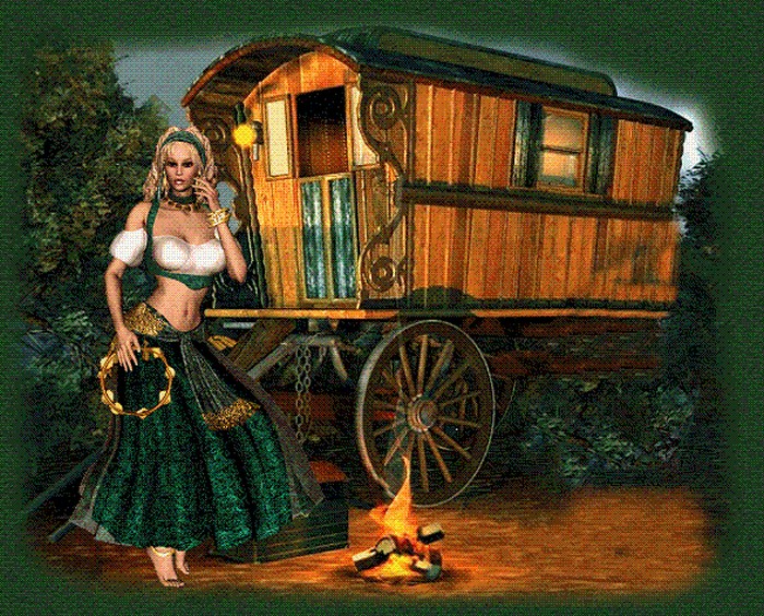 Dansend zigeunermeisje bij de kar legpuzzel online