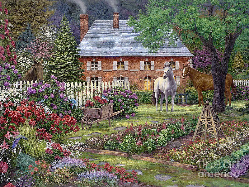 Коні в саду, додому онлайн пазл