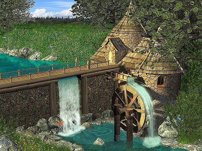 Mühle am Fluss, grüne Wiese Puzzlespiel online