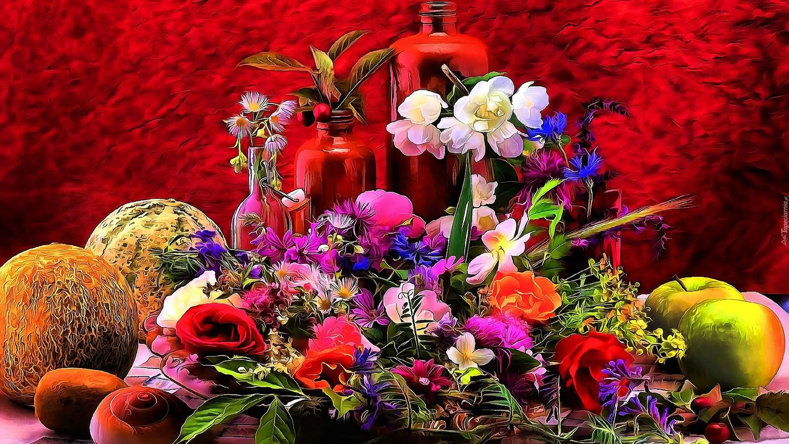 Målning, färgglada blommor Pussel online