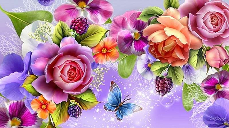 Roses, pansies and butterfly online puzzle
