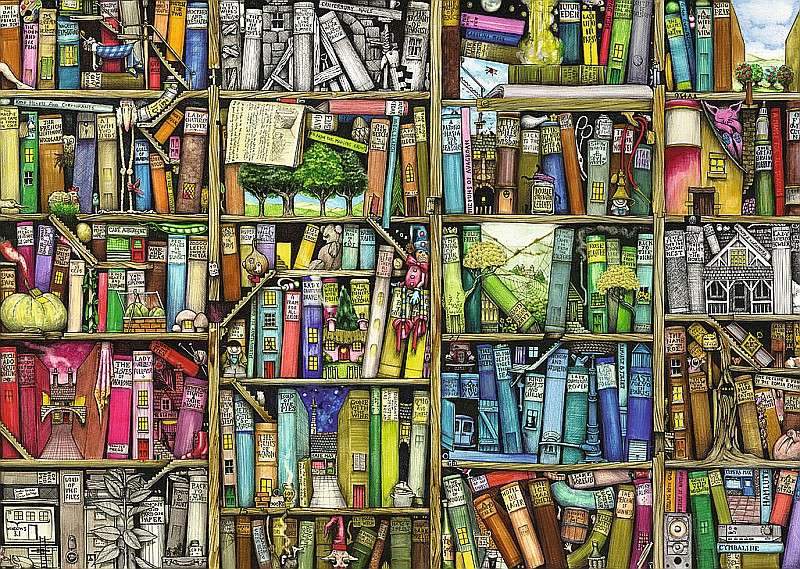 Könyv puzzle, könyvespolc kirakós online