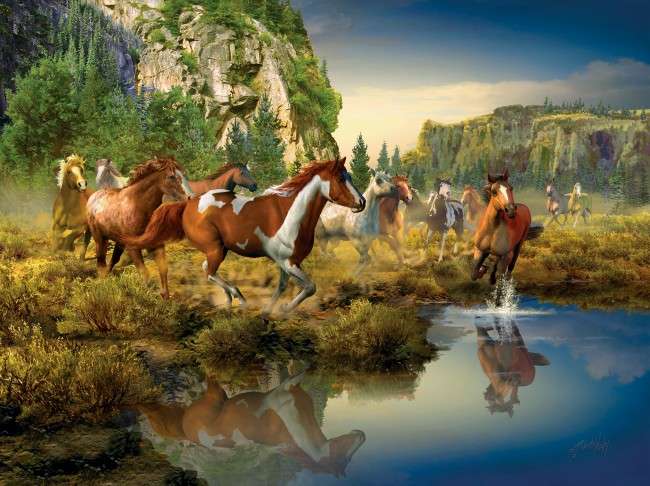 Stádo koní v horském údolí online puzzle