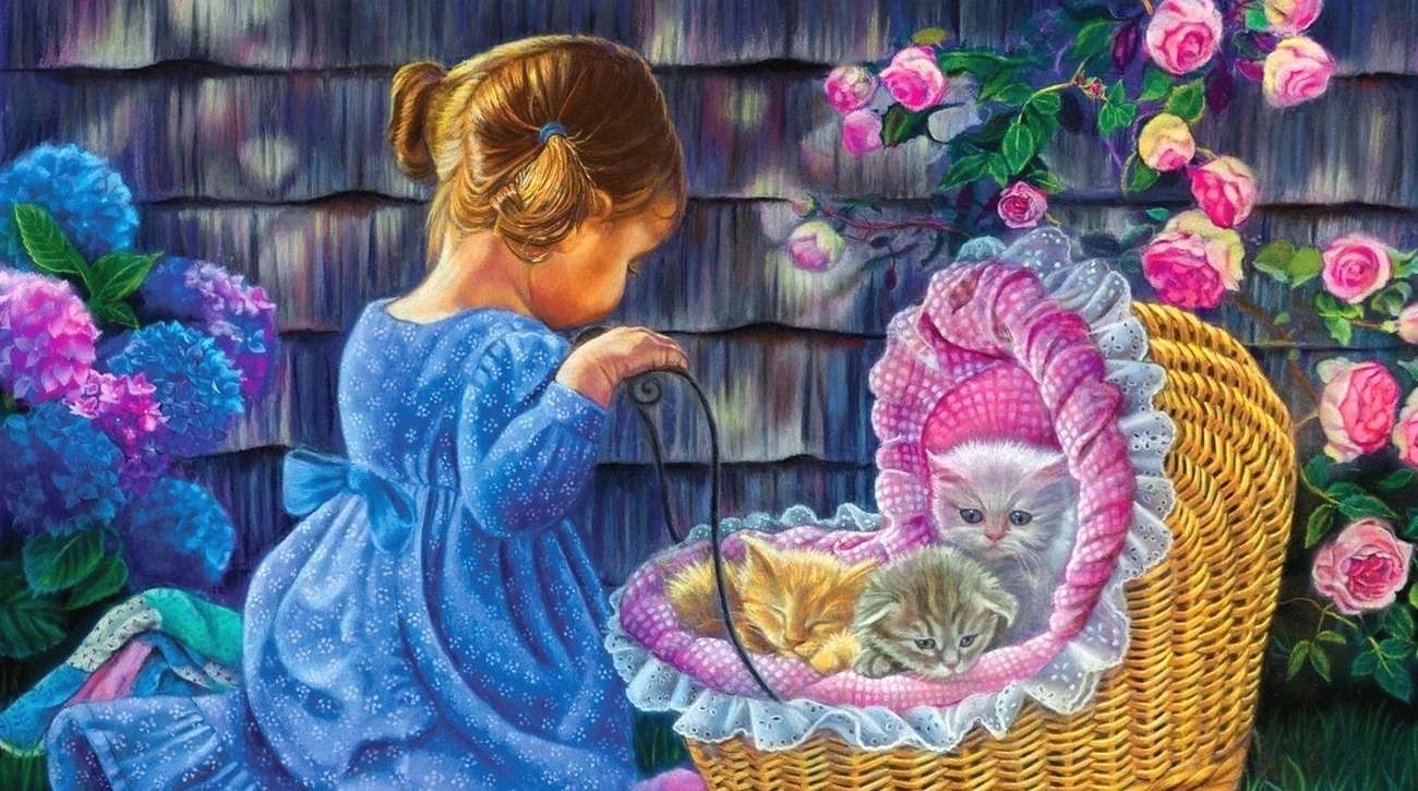 Una ragazza con i gatti puzzle online