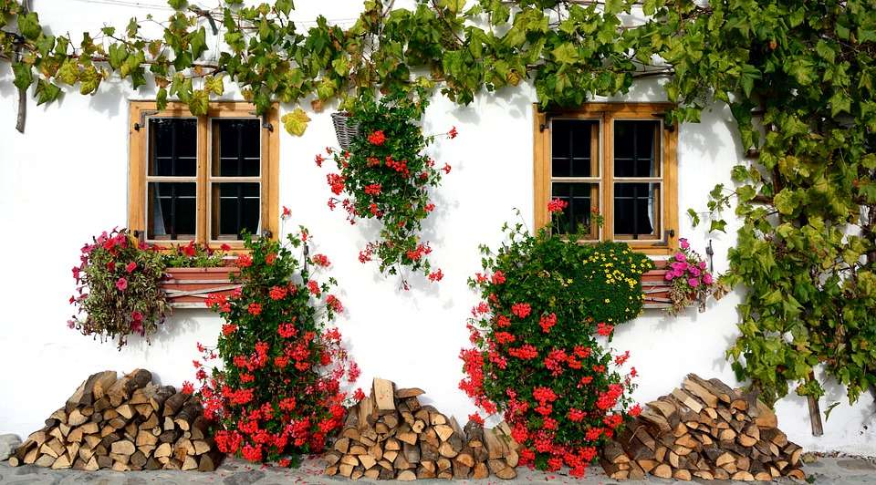 Frente da casa afundando em flores. quebra-cabeças online