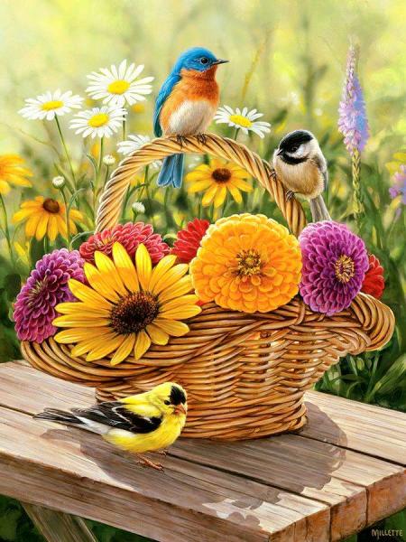 barevné ptáky v květech skládačky online