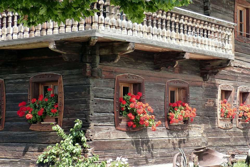 Wooden house with geraniums. online puzzle
