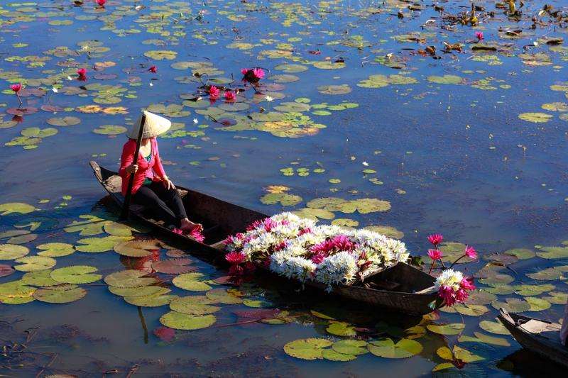 Vietnam. Boot mit Blumen. Puzzlespiel online