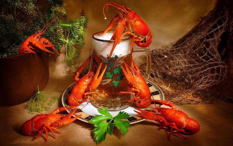 Crayfish, a pint of beer. jigsaw puzzle online