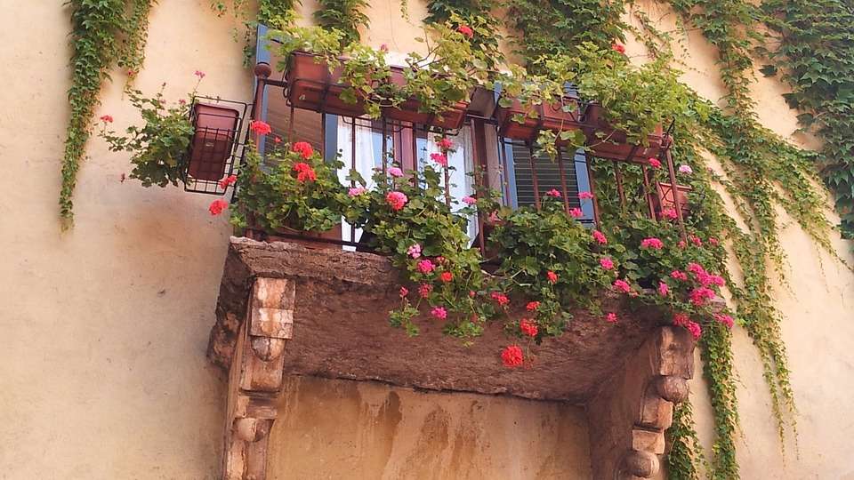 Balkon in Blumen. Puzzlespiel online