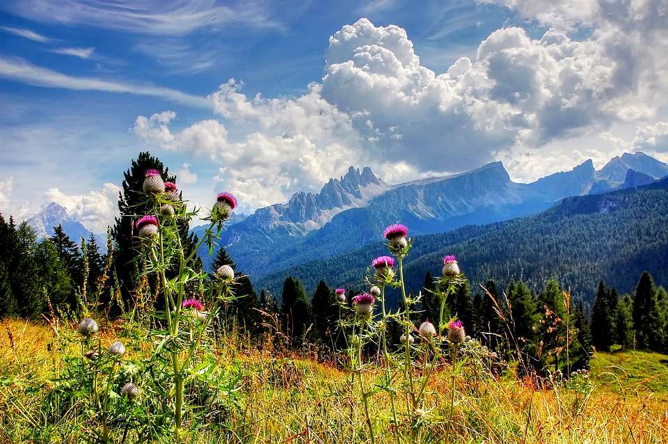 Panorama över Dolomiterna. Pussel online