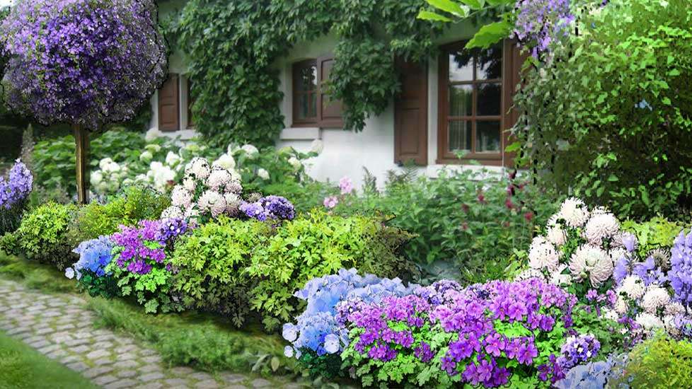 Цветы перед домом. онлайн-пазл