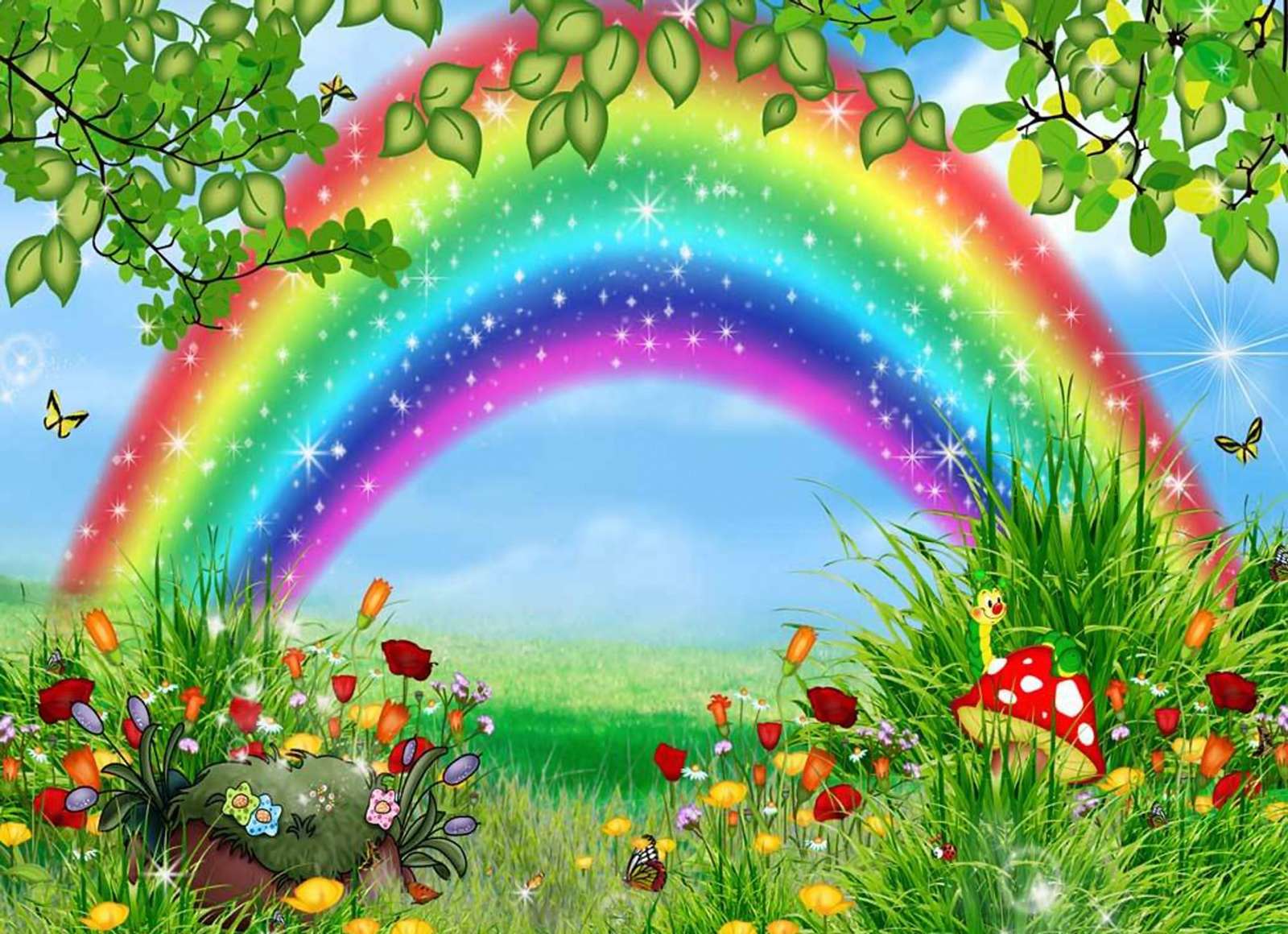 牧草地の上の虹。 オンラインパズル