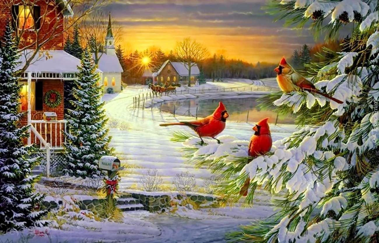 Зима с разноцветными птицами. онлайн-пазл