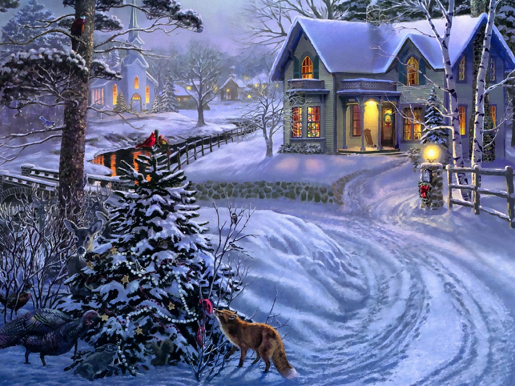 Зимен пейзаж с лисица. онлайн пъзел