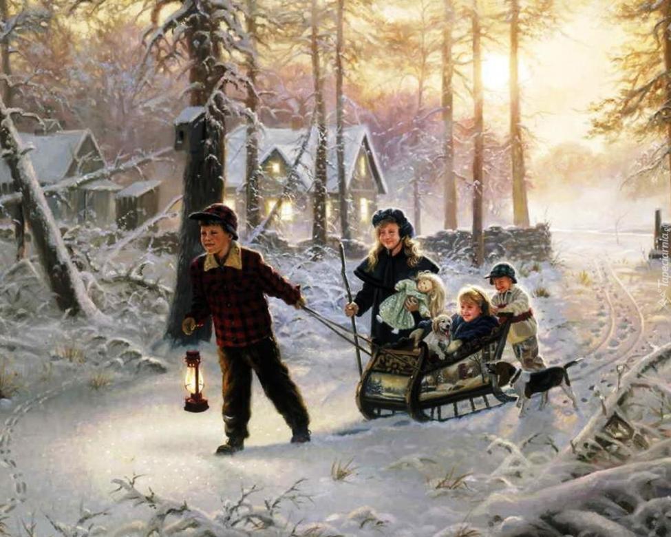 Painting. Children on sleds. jigsaw puzzle online