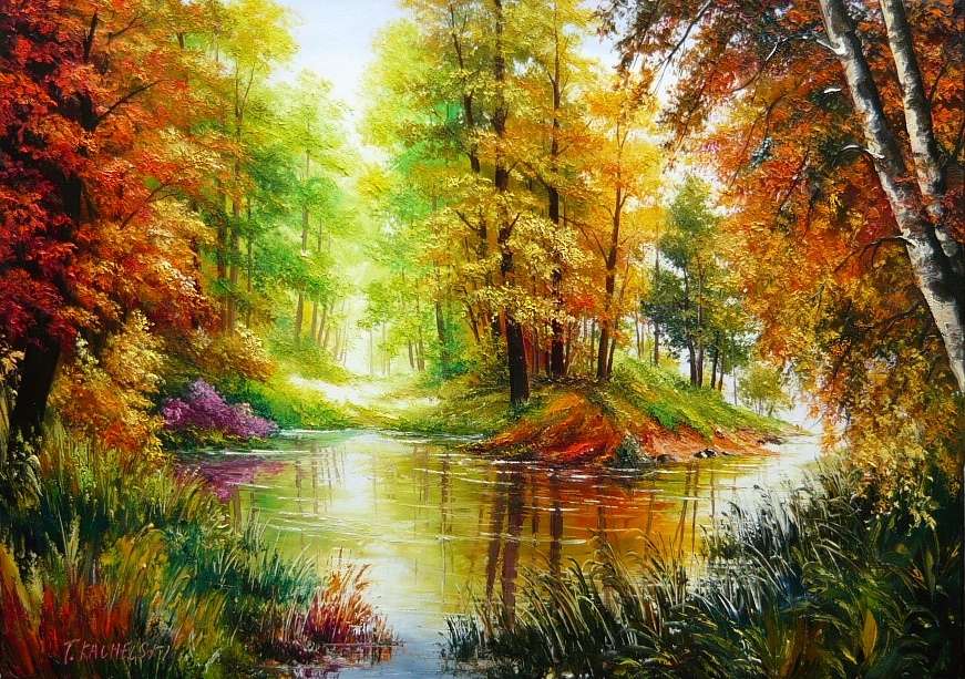 Paisaje de otoño con un río, hojas caídas y caídas. rompecabezas en línea