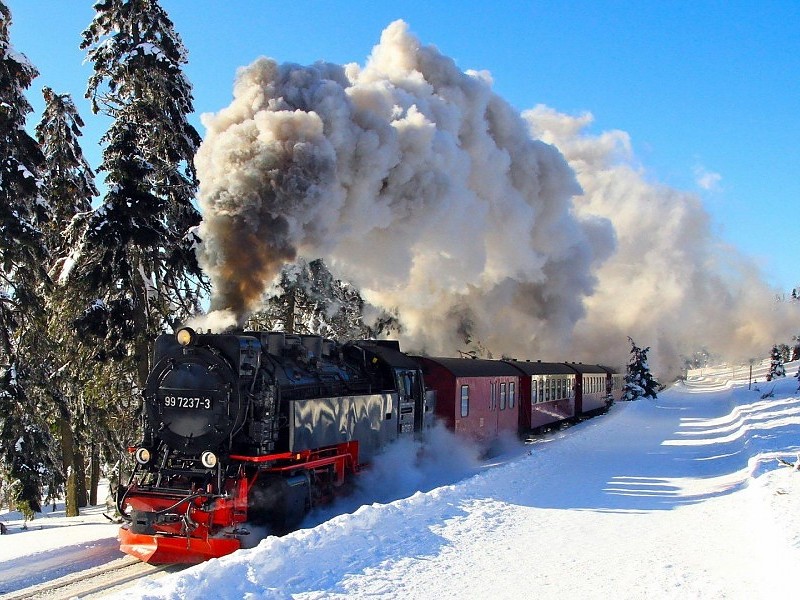 Vinterlandskap med ett tåg. Pussel online