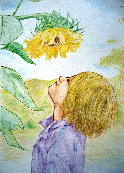 Jongen en zonnebloem bloem. online puzzel