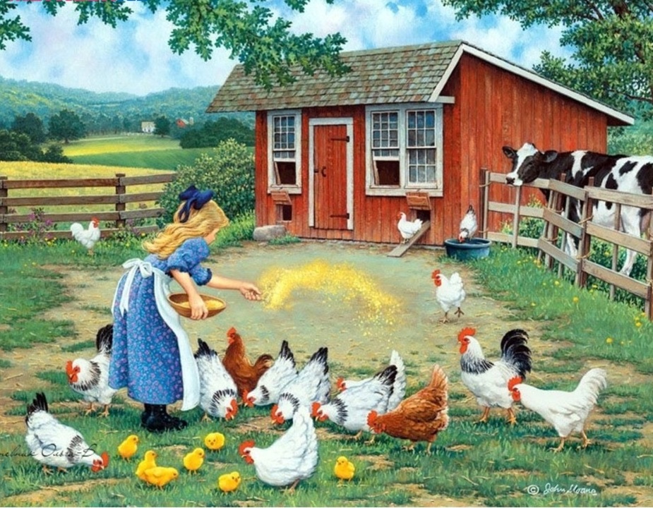 Flickor som matar kycklingar. pussel på nätet