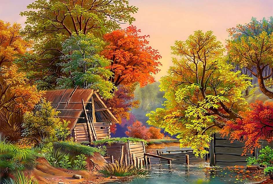 Peinture. L'automne à l'étang. feuilles d'automne. puzzle en ligne