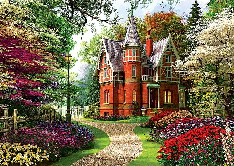 Rode villa met een tuin. legpuzzel online