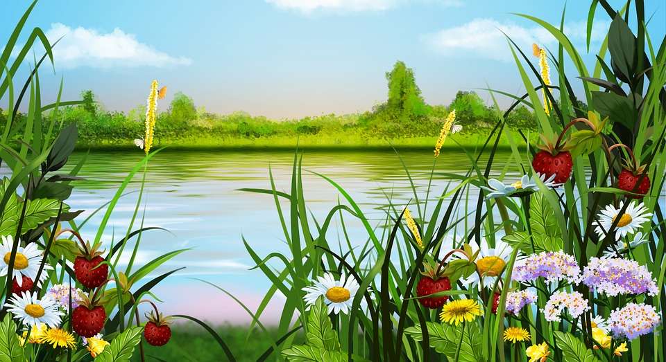 Пейзаж с цветя край езерото онлайн пъзел