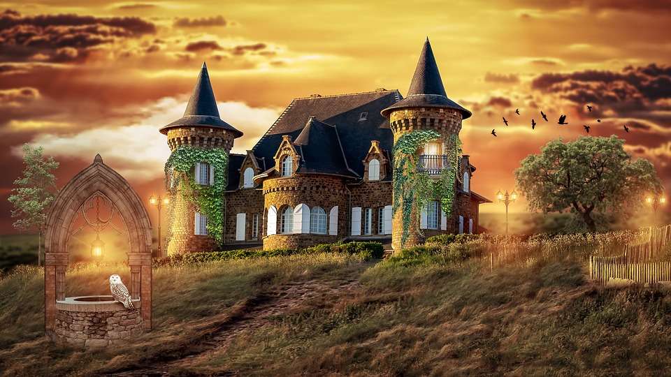 Mansion, well and owl. jigsaw puzzle online