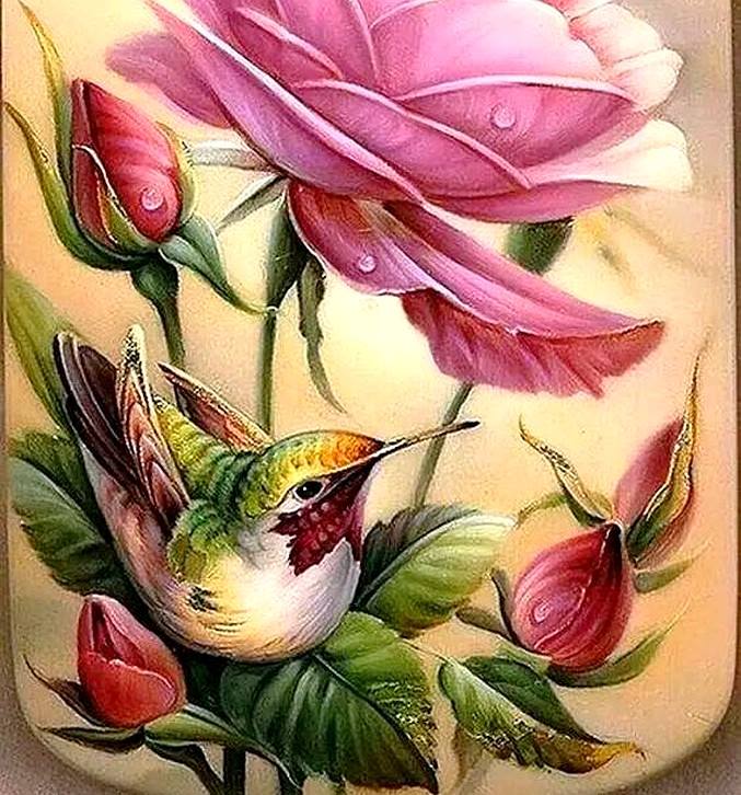 Färgglad fågel och ros. Pussel online