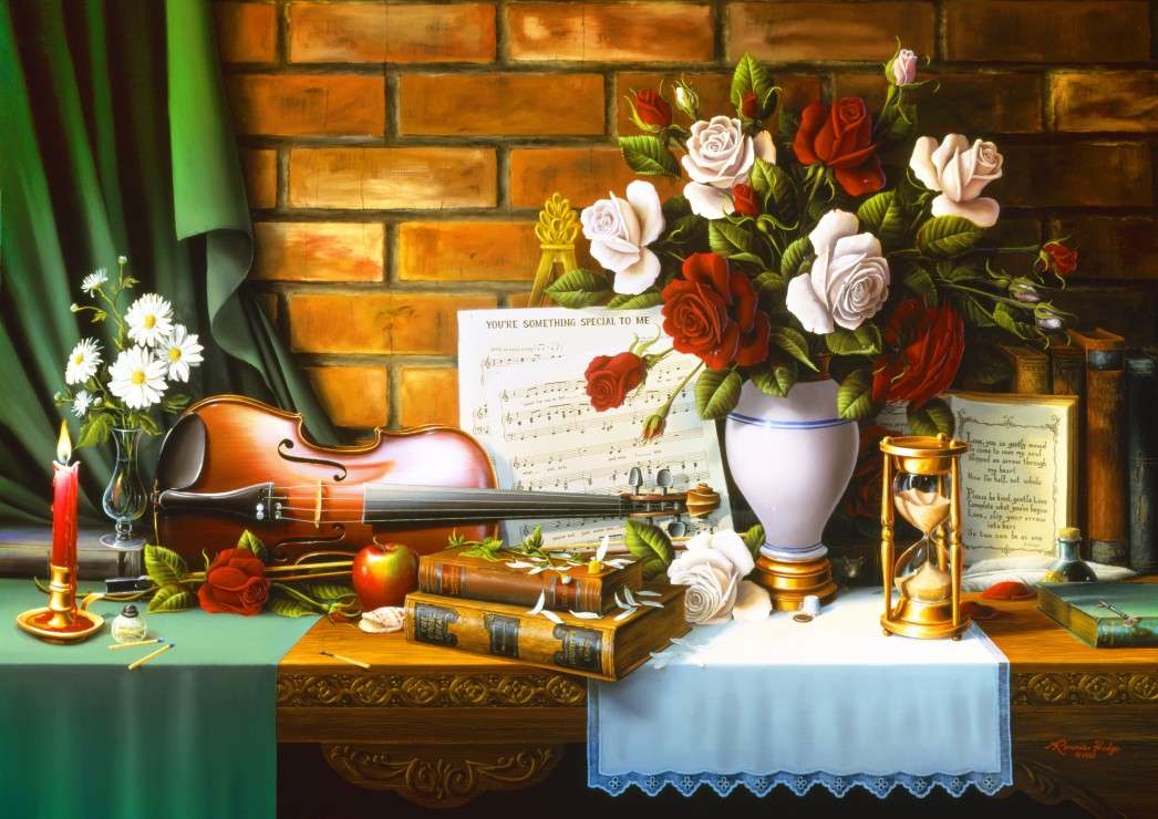 Sala de muzica, trandafiri albi intr-o vaza puzzle online