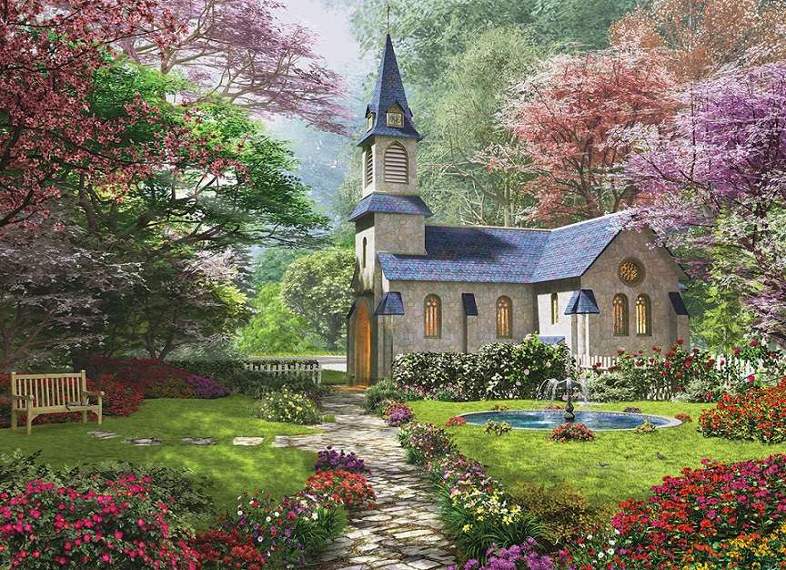Igreja no jardim. quebra-cabeças online