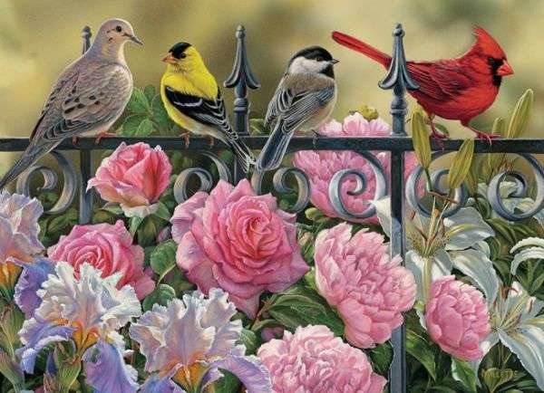 Rosen und Vögel. Puzzlespiel online