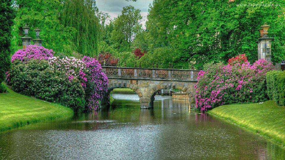 Pod de piatră pe râu și liliacuri. jigsaw puzzle online