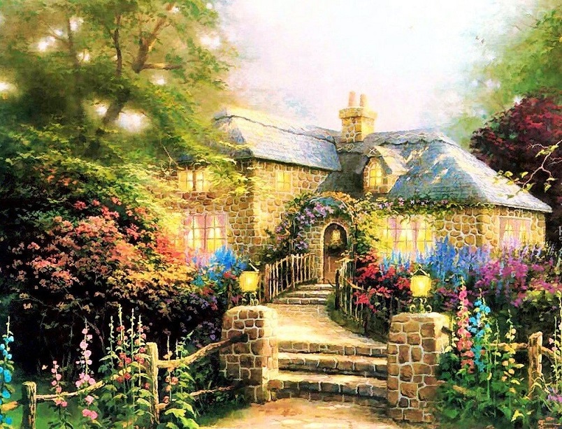 Målad hus med trädgård. pussel på nätet