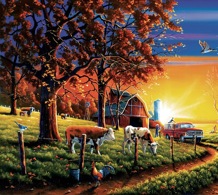Sonnenuntergang auf dem Bauernhof. Puzzlespiel online