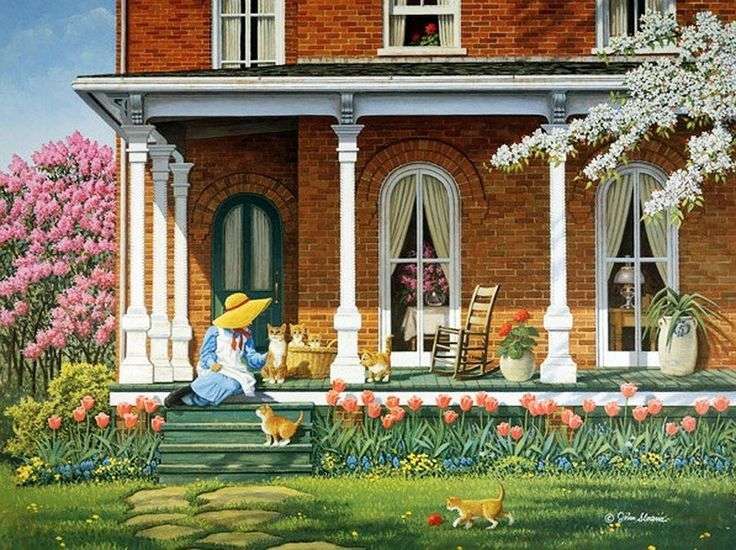 Tulips in front of the house. jigsaw puzzle online