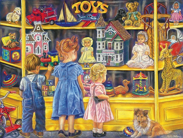 Před obchodem s hračkami. skládačky online
