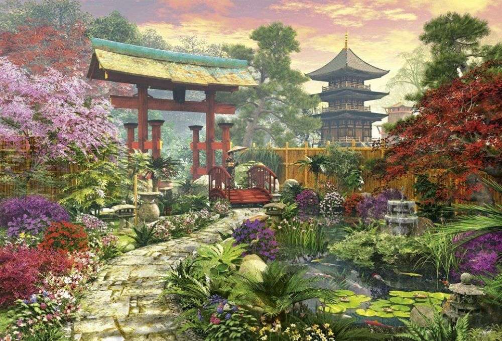 I en vacker japansk trädgård. pussel på nätet