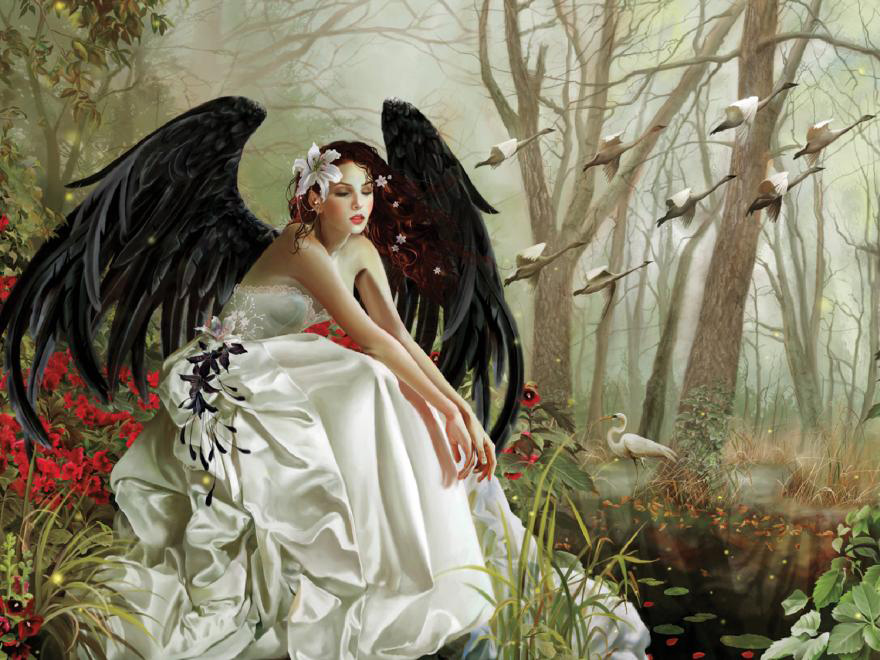 Μαύρος άγγελος σε ένα λευκό φόρεμα. παζλ online