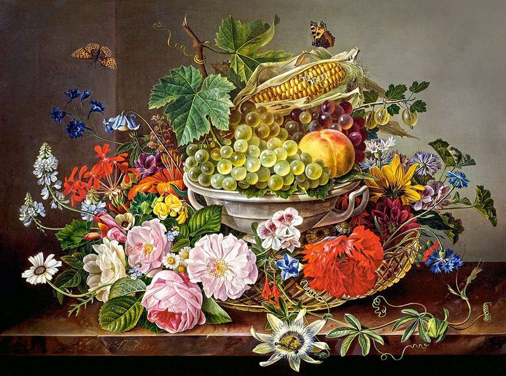 Flowers and fruits in the paintings. jigsaw puzzle online
