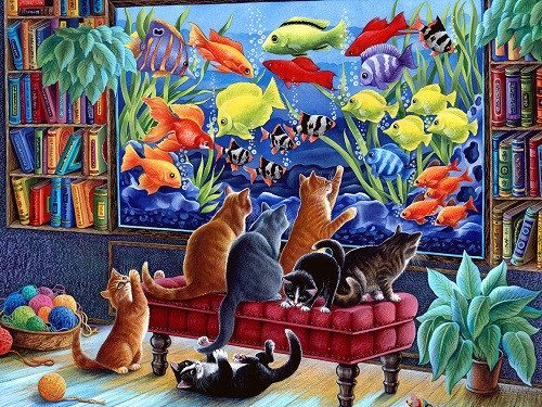 Chats et aquarium. puzzle en ligne