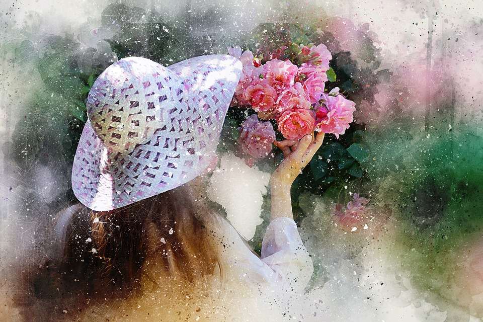 Flicka med blommor pussel på nätet