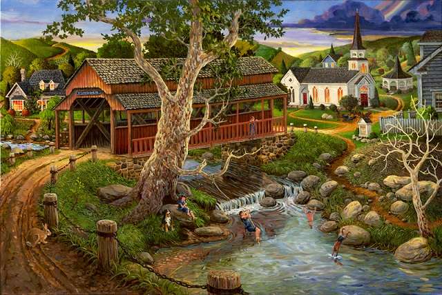 Řeka protékající vesnicí. online puzzle
