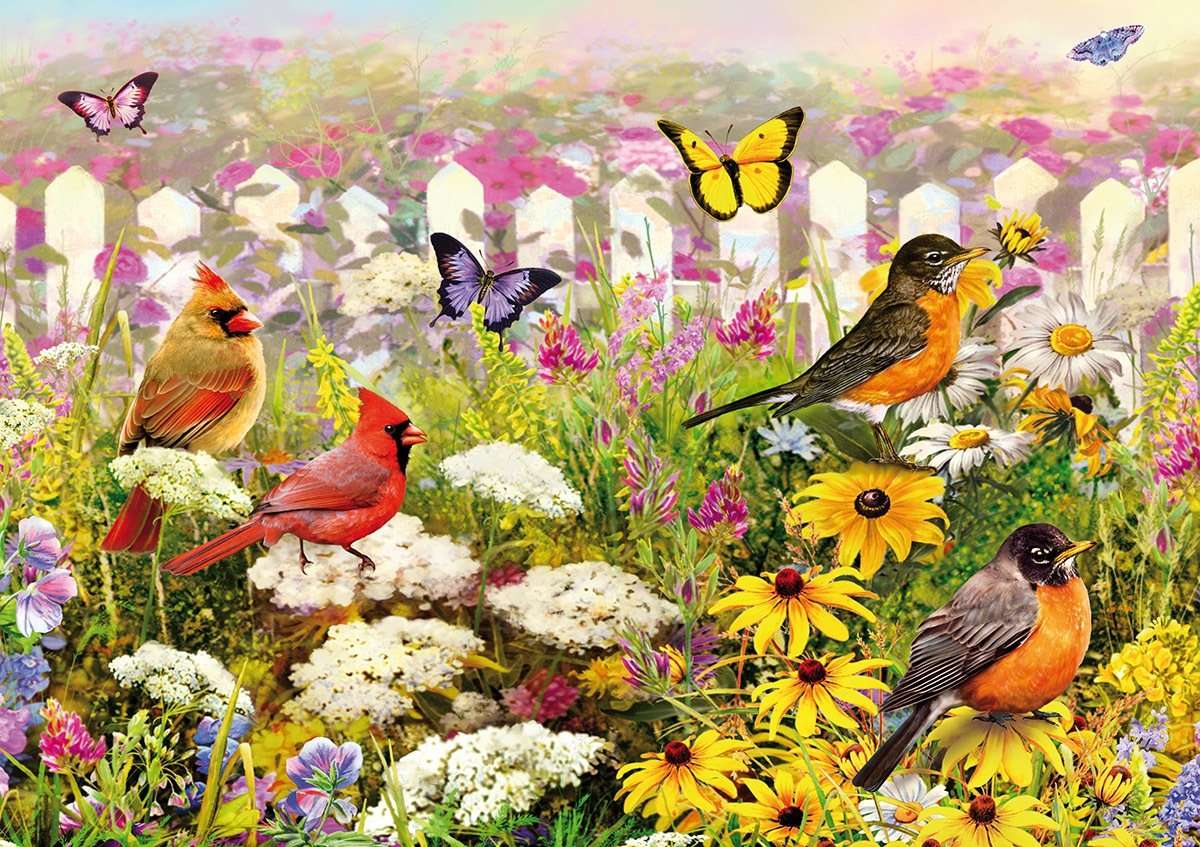 Květiny, ptáci a motýli. skládačky online