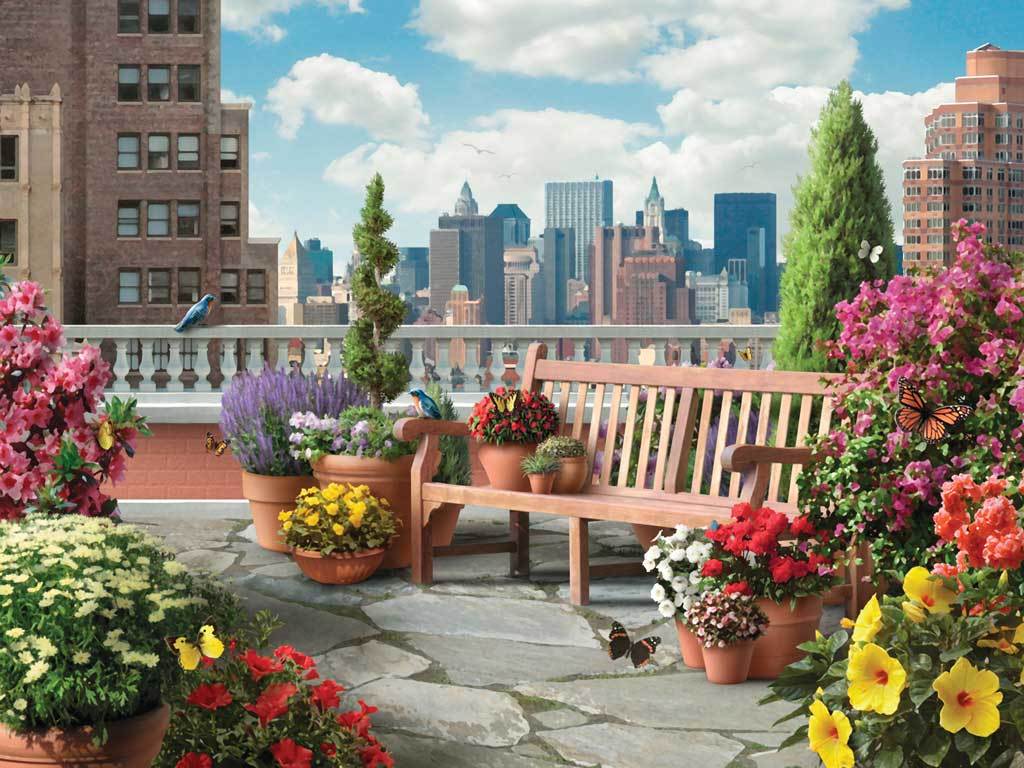 Ein Blumengarten in einer Großstadt. Online-Puzzle