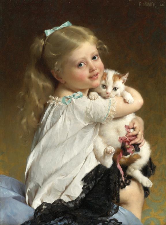 söt tjej med en mycket trevlig katt pussel på nätet